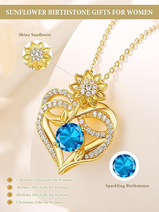 14K Gold Sunflower Birthstone Necklace for Women Infinity Love Heart Necklace Christmas Valentines Mothers Day Anniversary Birthday Gifts for Her Mom Wife Girlfriend Daughter