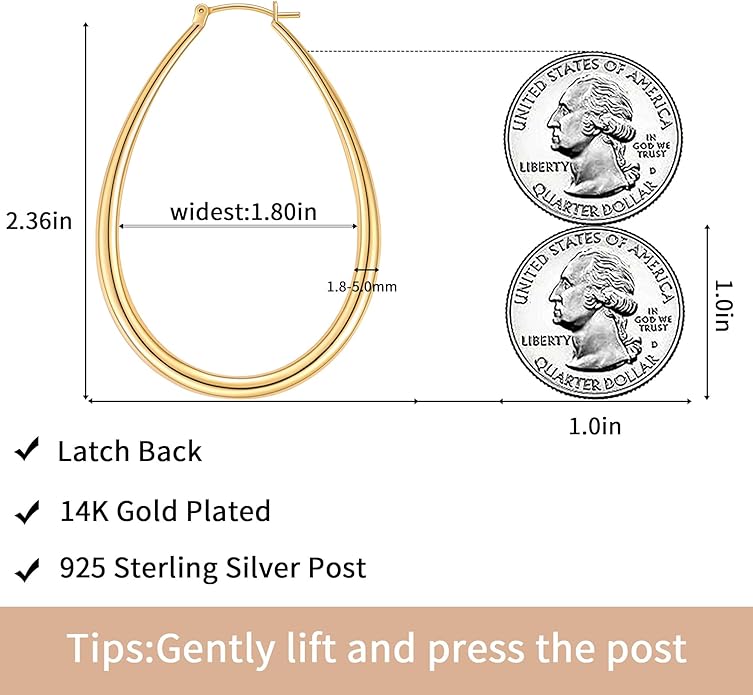 Gacimy Chunky Hoop Earrings for Women, 14K Gold Plated Oval Hoop Earrings with 925 Sterling Silver Post