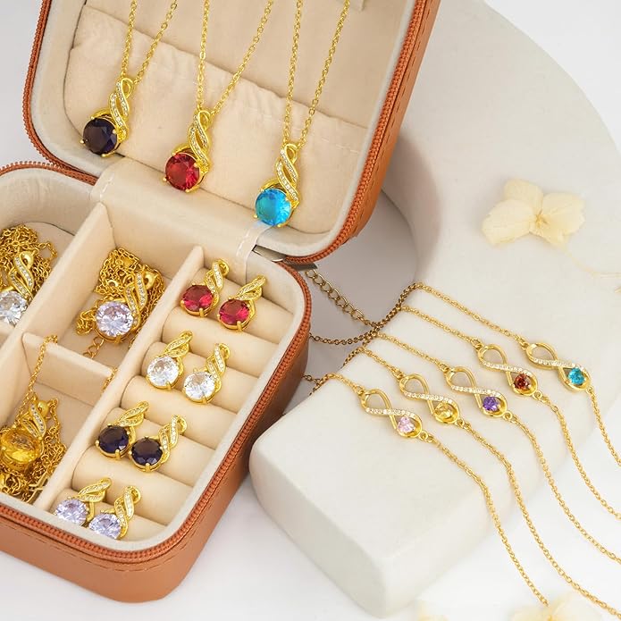 HNPHQT Jewelry Sets for Women-18K Gold Plated Dainty Birthstone Pendant,Trendy Necklace Earrings Infinity Bracelets Set,Ideal Jewelry Gifts for Her Mom