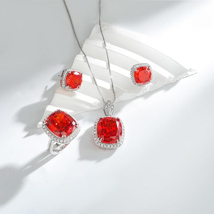HHOOE Jewelry for Women Sets Gold-Plated Sterling Silver CZ or Faux Gemstone Cushion-cut Necklace & Ring & Stud Earring set for Bridesmaids, Comes With a Gift Box.