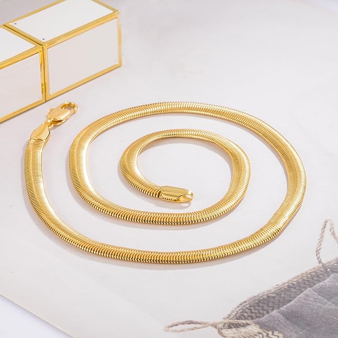 Dankadi Men 925 Sterling Silver Necklace Italian 6MM-8MM Flexible Flat Snake Chain Choker 16-30 Inch 24K Gold plated Fine Jewelry Gifts for Women
