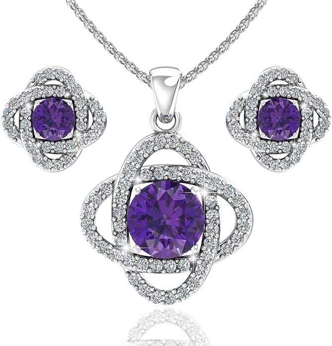 Women 925 Sterling Silver Cute Love Knot Sparkling Gemstone Push Back Stud Earrings Hanging Pendant Necklace Beautiful Fine Jewelry Accessory Set, 1.65 Carat