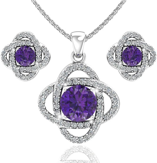 Women 925 Sterling Silver Cute Love Knot Sparkling Gemstone Push Back Stud Earrings Hanging Pendant Necklace Beautiful Fine Jewelry Accessory Set, 1.65 Carat