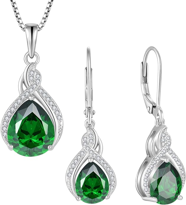 Infinity Teardrop Jewelry Set for Women Emerald Necklace & Earrings May Birthstone Jewelry
