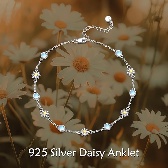CRMAD 925 Sterling Silver Daisy/Sunflower Moonstone Anklet Daisy Flower Ankle Bracelet for Women Beach Dainty Jewelry