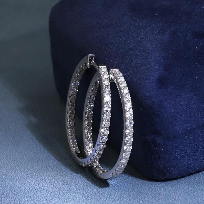 Moissanite Hoop Earrings for Women, S925 Sterling Silver, 18K White Gold Plated, D Color VVS1