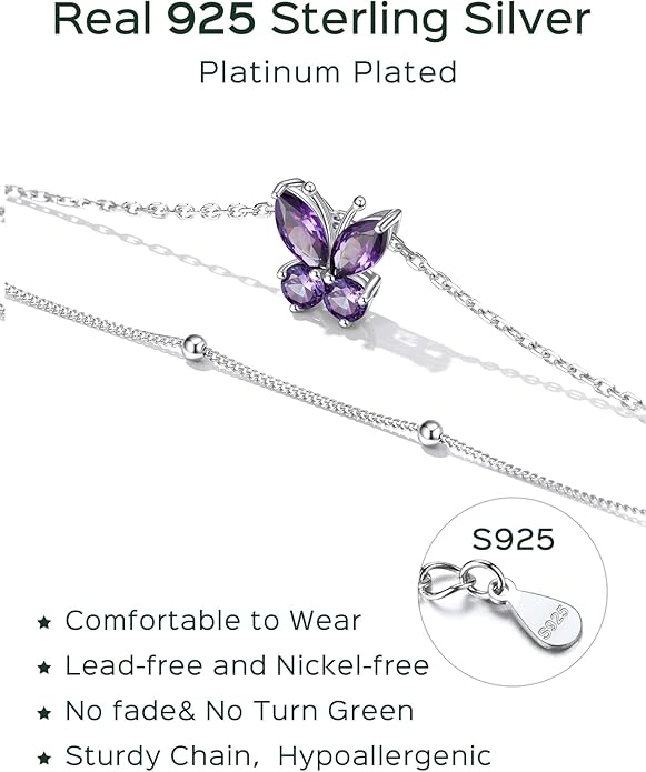 ChicSilver 925 Sterling Silver Anklets for Women Waterproof, Sparkling Birthstone Ankle Bracelets for Women, Adjustable Layered Butterfly Anklet Summer Beach Jewelry