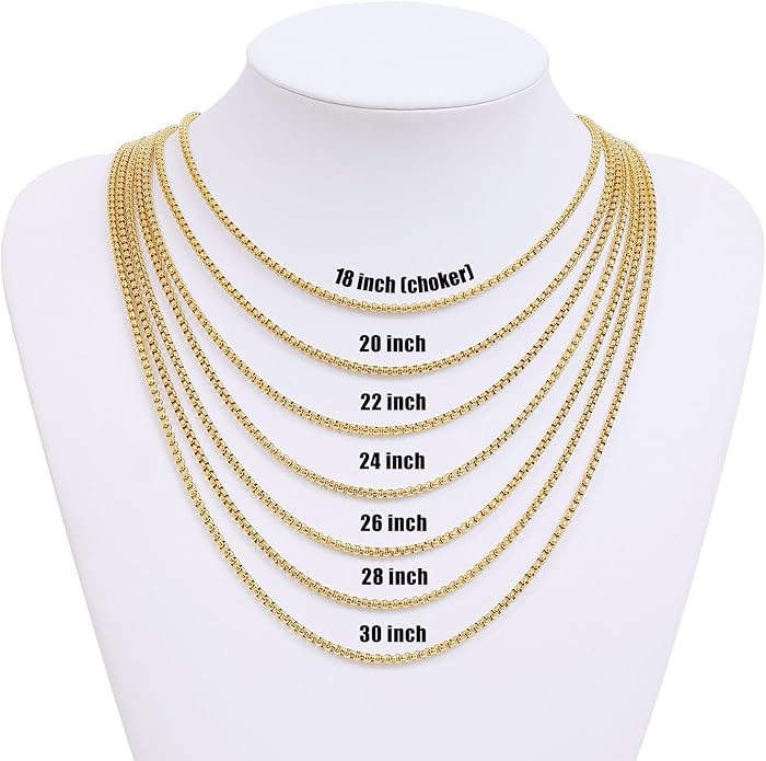Fiusem Box Chain for Men, Silver Tone/14K Gold Plated/Black Stainless Steel Necklace for Men and Women, Width 2/2.5/3/4/5mm, Length 18-28 Inches