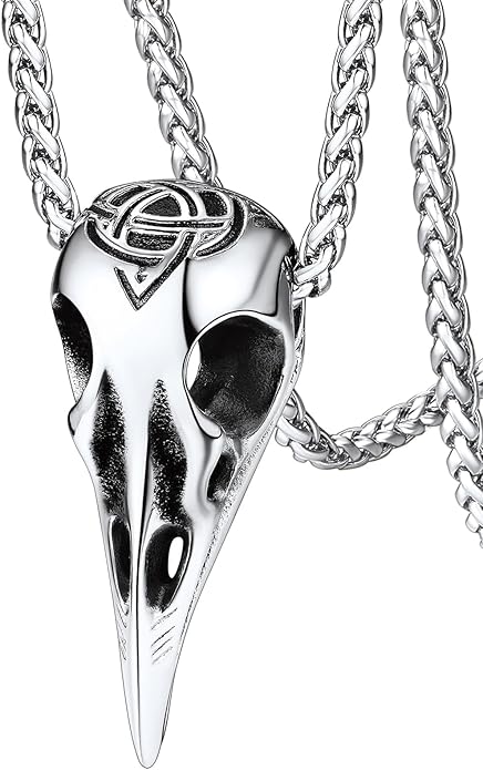 FaithHeart Viking Raven Necklace for Men, Norse Mythology Raven Skull Pendant Sturdy Stainless Steel Amulet Jewelry Gift for Men