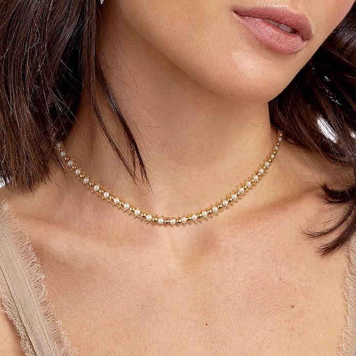 MTMY Beaded Necklaces for Women 14K Gold Plated Dainty Colorful Green/Rose Beaded Pearl Choker Necklace Delicate Boho Choker Necklace Jewelry Gift
