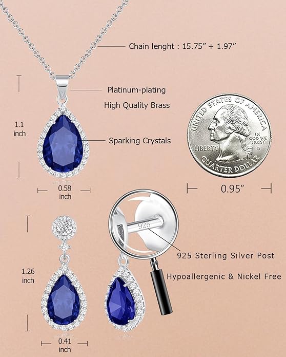 REASAYLL Jewelry Sets For Women 925 Sterling Silver Post Teardrop Dangle Stud Earrings Necklace Set Crystal Rhinestone Wedding Prom Costume Jewelry for Women