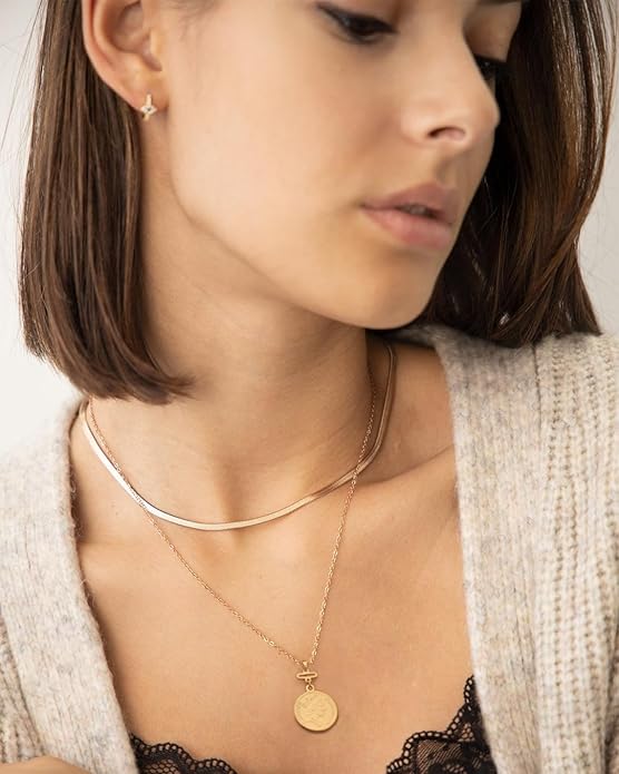 CANEVINKA Dainty Cross Medallion/Heart Pendant Chain Necklace 18K Gold Plated Oval Choker Fashion OT Toggle Jewelry Handmade for Women Simple Gold Charm Necklace
