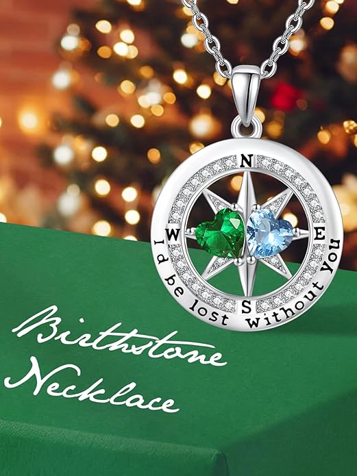 Compass Birthstones Necklace for Women, Exquisite Anniversary Birthday Gifts for Wife Her Double Birthstone Pendant jewelry ‘I'd be Lost Without You’