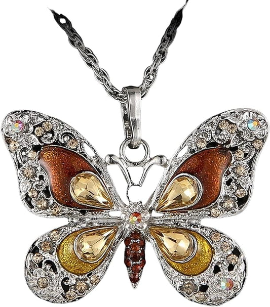 Vintage Multicolor Butterfly Necklace Bohemian Multicolor Enamel Butterfly Necklace Rhinestone Butterfly Pendant Necklace Chain Enamel Ethnic Costume Jewelry for Women