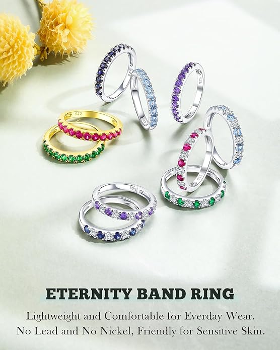 CAIDIKA Created Ruby/Sapphire/Emerald Stackable Rings for Women 14K Gold Plated/ 925 Sterling Silver 2.2mm Wedding Band Ring (with Gift Box)