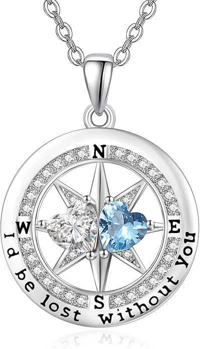 Compass Birthstones Necklace for Women, Exquisite Anniversary Birthday Gifts for Wife Her Double Birthstone Pendant jewelry ‘I'd be Lost Without You’