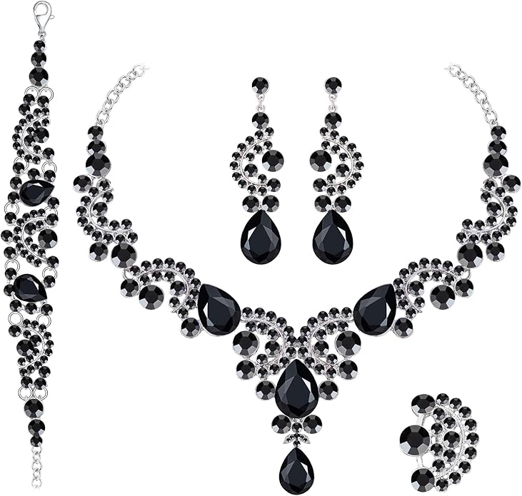 Paxuan Crystal Bridal Wedding Jewelry Sets for Women Rhinestone Teardrop Crystal Statement Choker Necklace Drop Earrings Link Bracelets Rings Teardrop Jewelry Set for Brides Bridesmaids