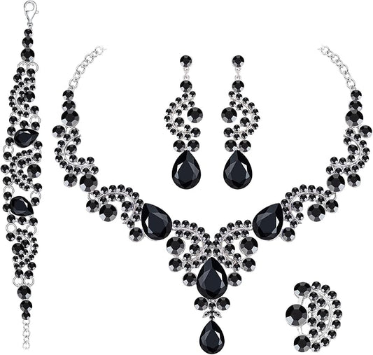 Paxuan Crystal Bridal Wedding Jewelry Sets for Women Rhinestone Teardrop Crystal Statement Choker Necklace Drop Earrings Link Bracelets Rings Teardrop Jewelry Set for Brides Bridesmaids