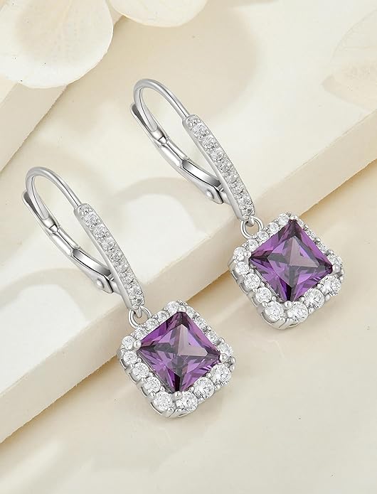 Square Dangle Drop Earrings Sterling Silver Halo Leverback Earrings Birthstone Jewelry for Women