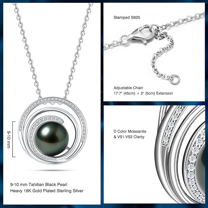 Genuine Tahitian Black Pearl Necklace for Women, 9-13mm AAAA Seawater Pearl - Sterling Silver Moissanite Pendant, Wedding Anniversary, Birthday, Christmas Gift for Wife, Mom, Girlfriend, Fine Jewelry