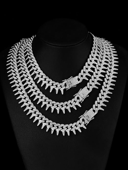 HH BLING EMPIRE Mens Gold Silver Plated Spike Cuban Link Chain Necklace and Bracelet Sets, Chunky Iced Out Diamond Miami Cuban Link Chains Hip Hop Jewelry