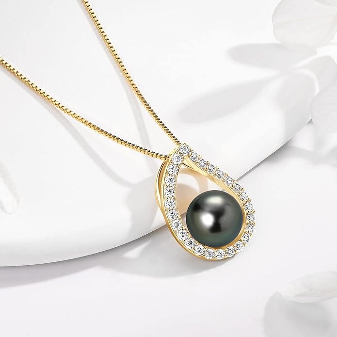Tahitian Black Pearl Necklace for Women, Sterling Silver Single Pearl Pendant Jewelry Gift for Wife Mom Birthday Anniversary