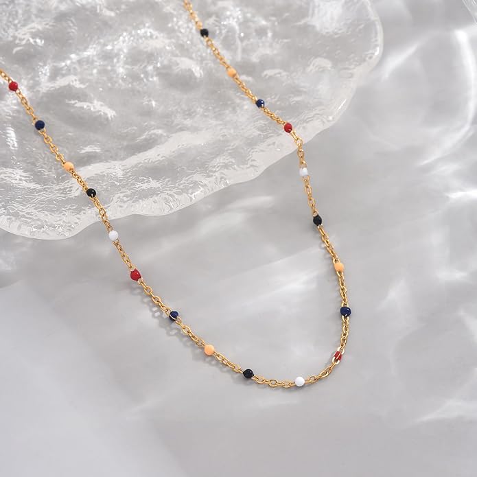 Gold Chain Necklace for Women Dainty 18K Gold Plated Thin Satellite Beaded Turquoise Necklace Simple Gold Boho Jewelry