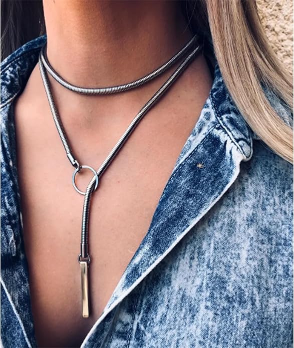 Slip Chain Necklaces for Women Stainless Steel Bar Pendant Choker Necklace Boho Handmade Long Lariat Necklace Silver Statement Punk Rock Collar Jewelry