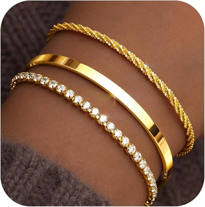 Silver Bracelets for Women Stack, Silver or Gold Plated Cuff Bangle Set, Trendy Silver Jewelry for Women Fashion
