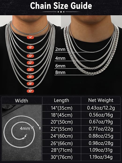 FaithHeart Mens Black/Silver/Gold Stainless Steel Flat Box Link Chain Necklace, Stylish 2/4/6/8mm Width Box Chains Necklaces for Men Non Tarnish Hip Hop Chain Jewelry Gifts,14"-30" Length