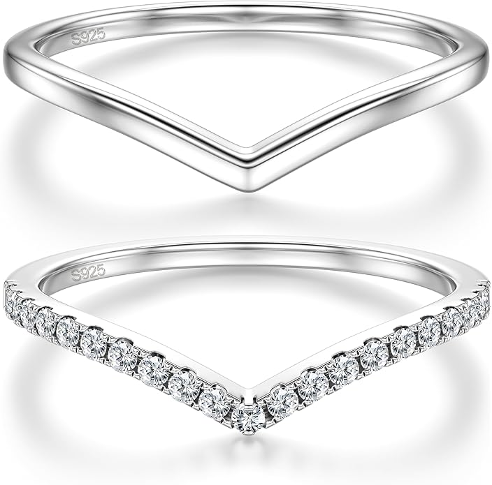 Dochais 2PCS Silver Rings for Women 925 Sterling Silver 14k Gold Plated Wishbone Ring Non Tarnish Wedding Bands Stackable Dainty V Shaped Rings CZ Wedding Rings Promise Ring Engagement 5-10