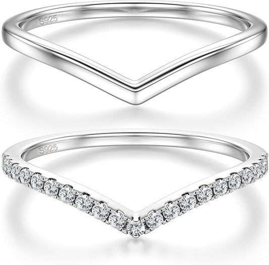 Dochais 2PCS Silver Rings for Women 925 Sterling Silver 14k Gold Plated Wishbone Ring Non Tarnish Wedding Bands Stackable Dainty V Shaped Rings CZ Wedding Rings Promise Ring Engagement 5-10