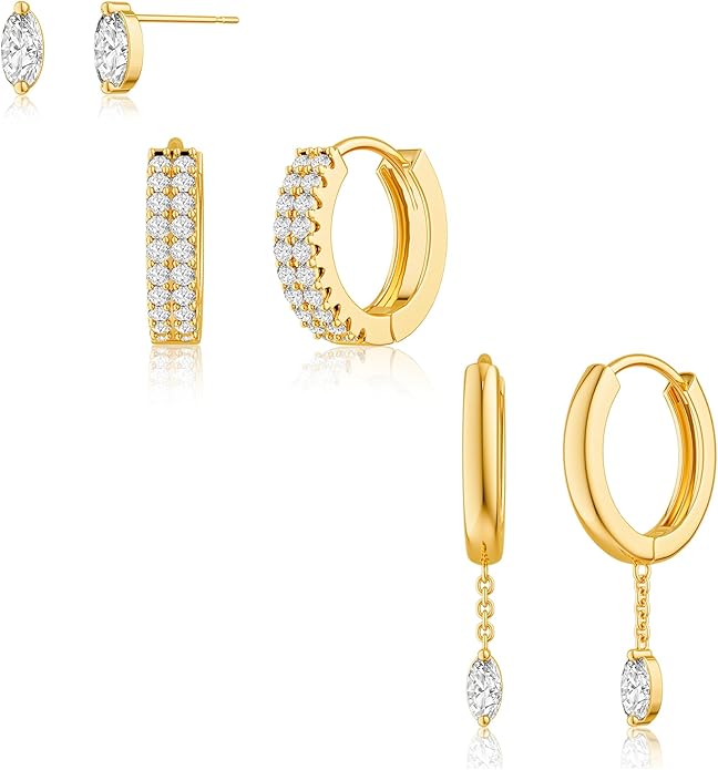 3 Pairs Earrings Set for Multiple Piercings, Gold Plated Studs Hoop Earrings Stack, CZ Dangle Earrings Set, Hypoallergenic for Sensitive Ears, Women's Gift