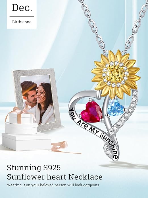 Zeuslia Double Birthstone Necklace Gifts for Wife - 925 Sterling Silver Sunflower/Rose/Crown Cross/Compass/Heart Pendant I Love You Necklace, Anniversary Birthday Gifts for Wife Girlfriend Mom Her