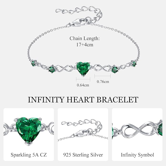 G&GEMSJEW Infinity Heart Birthstone Bracelets for Women, 925 Sterling Silver Women Charm Link Bracelet Adjustable, Birthday Anniversary Christmas Jewelry Gifts for Women Wife Mom Girlfriend Her