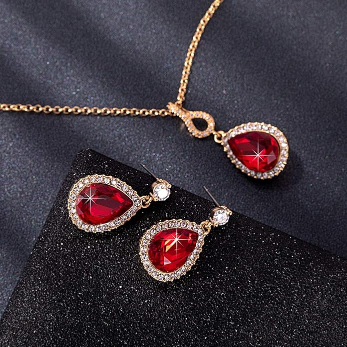 Austrian Crystals Teardrop Pendant Necklace Earrings for Women 14K Gold Plated Hypoallergenic Jewelry Set