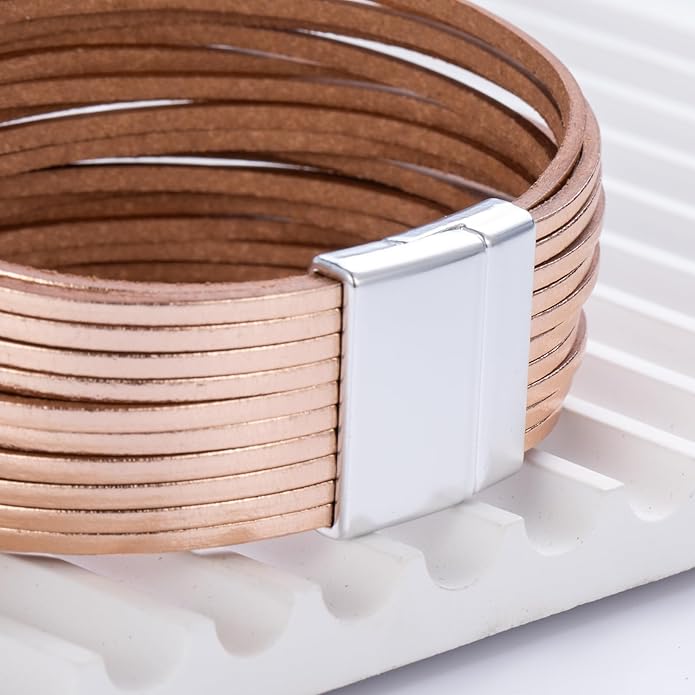 FANCY SHINY Boho Leather Wrap Bracelet Stackable Layered Bangle Cuff with Magnetic Clasp