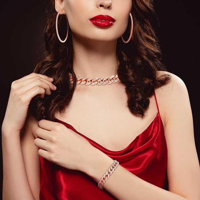 Batiyeer 3 Pcs Cuban Link Chain Necklace Bracelet Rhinestone Hoop Earrings Bling Crystal Hip Hop Jewelry for Women(16 Inch,Rose Gold)