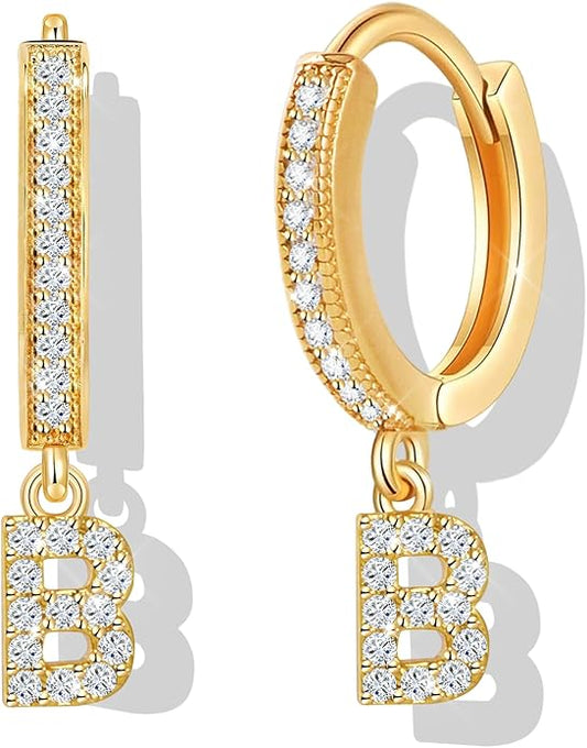 18K Gold Filled Initial Dangle Hoop Earrings for Women, 1 Pair CZ Hypoallergenic Alphabet Letter A-Z Drop Dangle Dainty Gold Earrings, Small Huggie Hoop Earrings with Cubic Zirconia Gifts Jewelry
