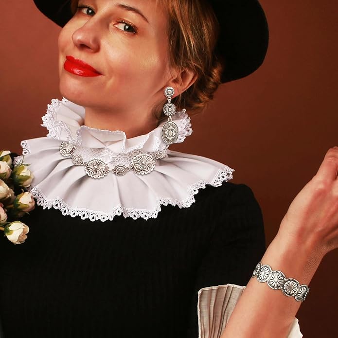 3 Pcs Western Concho Costume Jewelry Set for Women Western Dangle Earrings Boho Choker Necklace Bohemian Cuff Bracelet Cowboy Chic Country Concert Outfits for Women Christmas Jewelry Gift