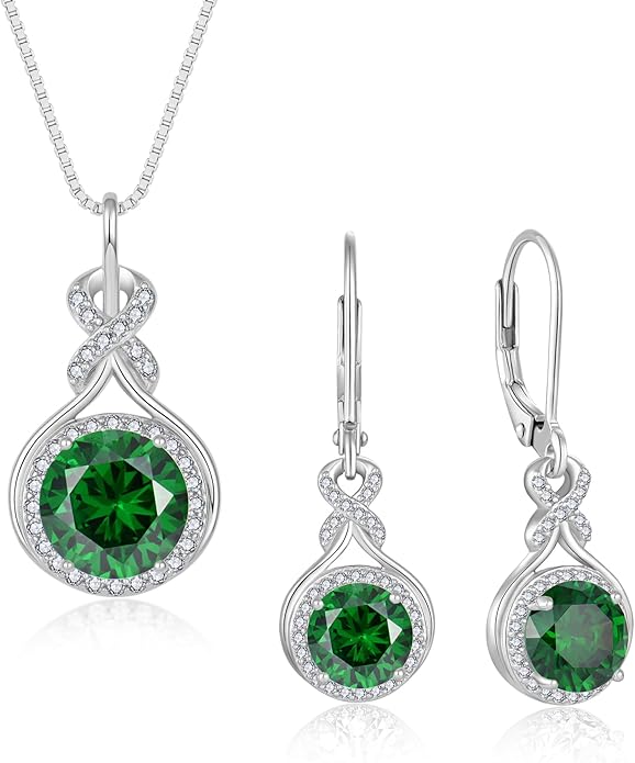 Emerald Infinity Jewlery Set for Women, 925 Sterling Silver Necklaces and Earrings Halo May Birthstone Jewelry Gift for Birthday Anniversary