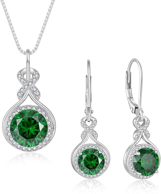 Emerald Infinity Jewlery Set for Women, 925 Sterling Silver Necklaces and Earrings Halo May Birthstone Jewelry Gift for Birthday Anniversary