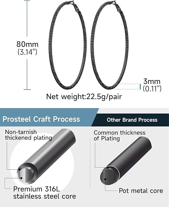 PROSTEEL 30/40/60/80/100mm Chunky Hoop Earrings For Women Gold Plated/Black Stainless Steel Hoops Earrings Statement Jewelry