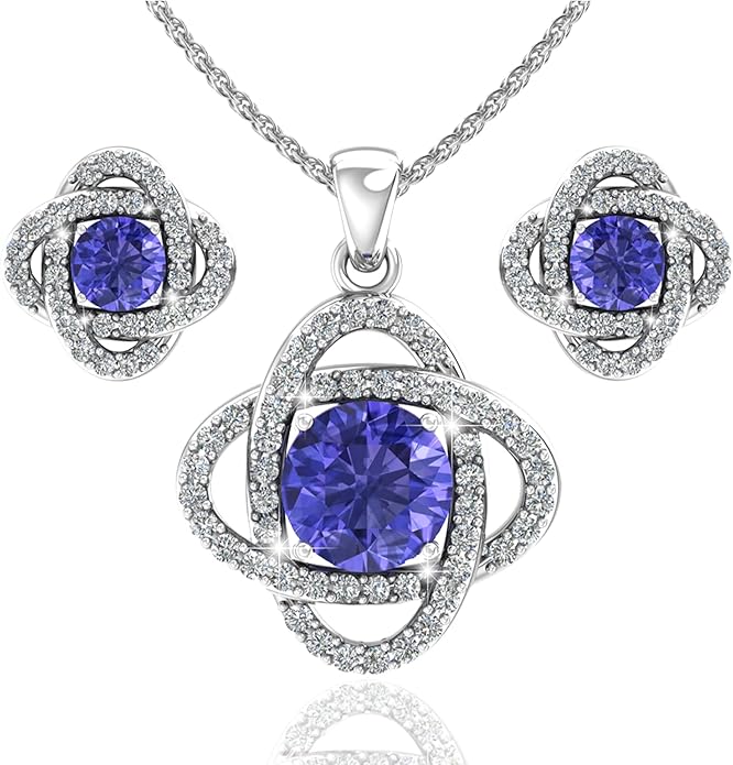 Women 925 Sterling Silver Cute Love Knot Sparkling Gemstone Push Back Stud Earrings Hanging Pendant Necklace Beautiful Fine Jewelry Accessory Set, 1.65 Carat