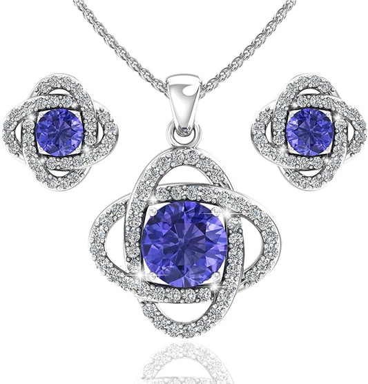 Women 925 Sterling Silver Cute Love Knot Sparkling Gemstone Push Back Stud Earrings Hanging Pendant Necklace Beautiful Fine Jewelry Accessory Set, 1.65 Carat