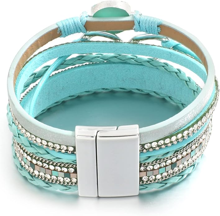 Leather Wrap Bracelet for Women Beaded Cuff Bracelet with Heart-shape Decor Bohemian Crystal Bracelet Jewelry with Clasp Bangle Bracelet for Women Girls Birthday Holiday Gift