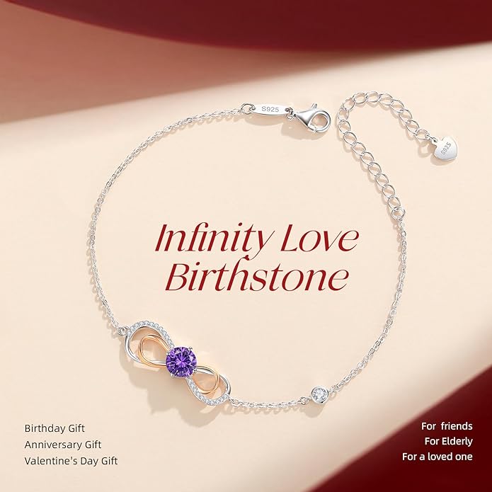 LOUISA SECRET Rose Gold Infinity Heart Bracelet for Women, Adjustable Chain 925 Sterling Silver Link Birthstone Bracelets, Best Anniversary Birthday Jewelry Gifts for Women Mom Wife Her