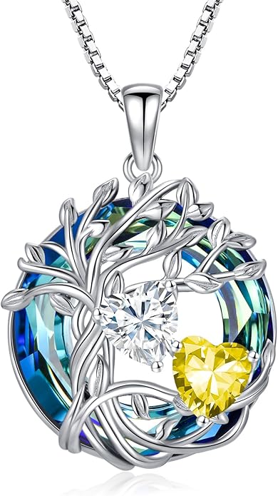 TOUPOP s925 Sterling Silver Family Celtic Tree of Life Pendant Necklaces with 2 Heart Birthstone with Blue Austrian Crystal Jewelry Birthday Anniversary Christmas Gifts for Her Wife Girlfriend Mom (18K Real White Gold Filled)