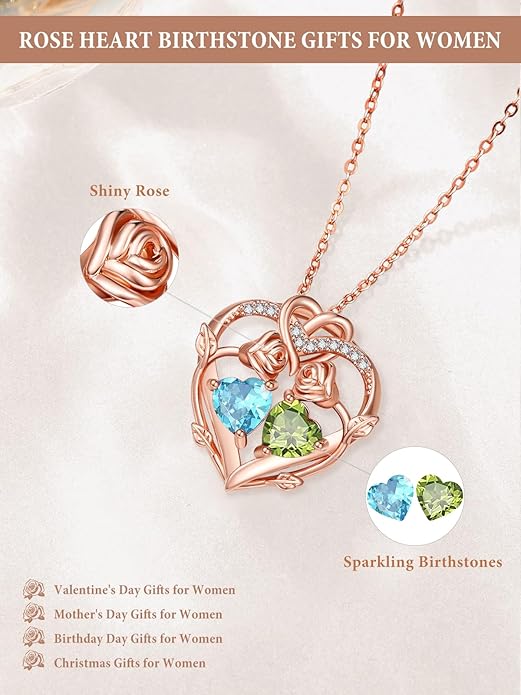 Rose Gold Necklaces for Women Double Birthstone Rose Flower Heart Pendant Necklace Jewelry Anniversary Christmas Valentine's Mother's Day Birthday Gift for Wife Mom Her Girlfriend Sister