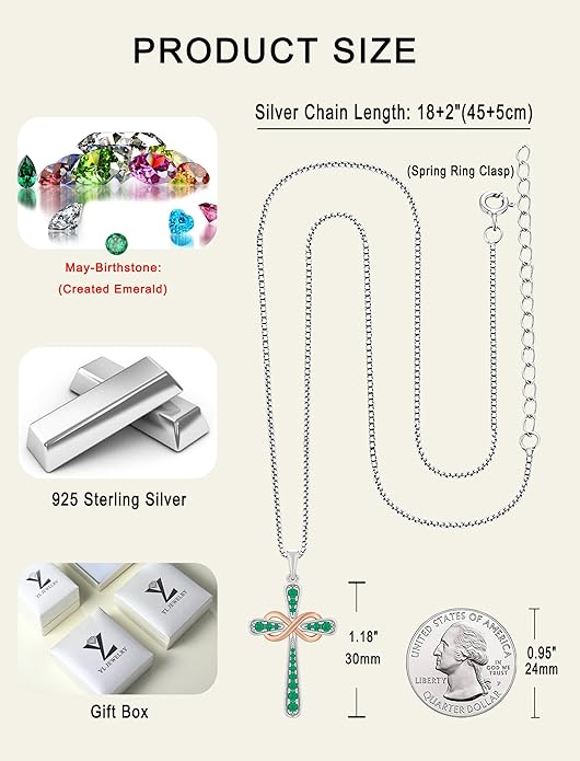 YL 925 Sterling Silver Cross Necklace for Women Halo Infinity Pendant Birthstone Jewelry for Mom
